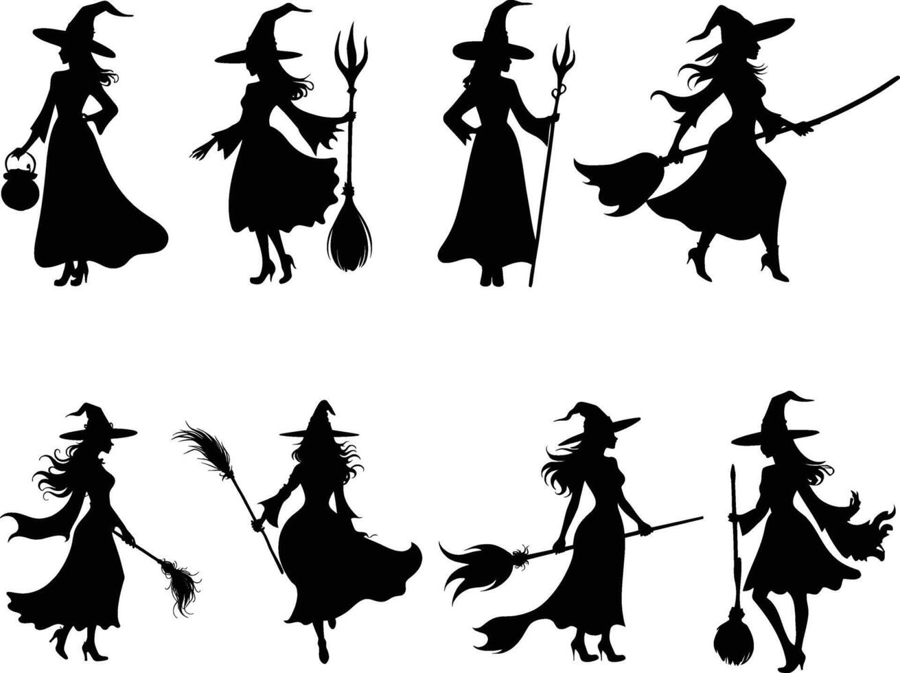 set of witches silhouettes illustration. collection of mythical characters for Halloween witch drawing black and white. Magic female in witch hat outline clip art. vector