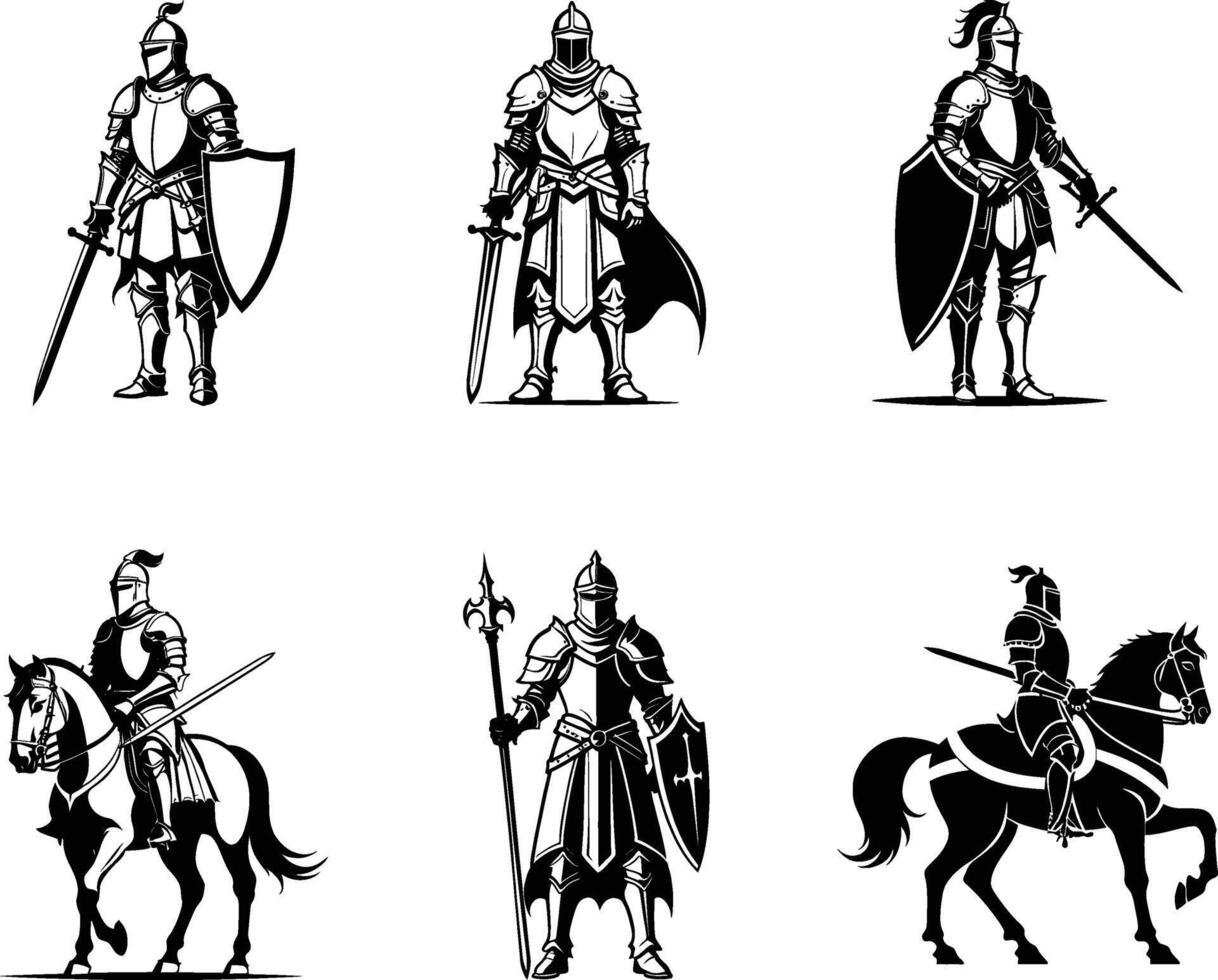 set of Knights and medieval warriors silhouette and outline illustration. The middle ages soldiers, Ancient warriors and heraldry element detailed hand drawn clip art. vector