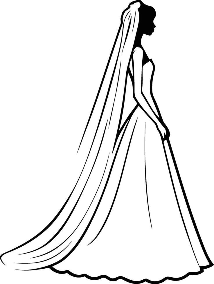 simple line art of a bride wearing wedding dress and veil. beautiful woman on her special day costume. vector