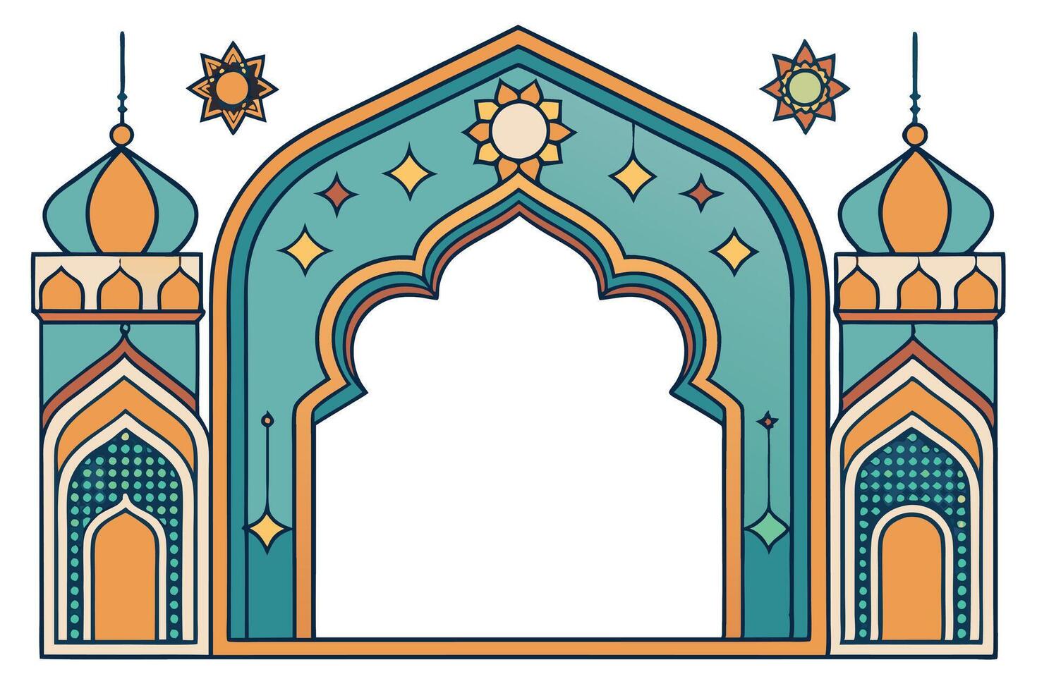Elegant Muslim inspired frame with decorative arches, featuring boho elements and intricate patterns, perfect for Ramadan and Islamic art vector
