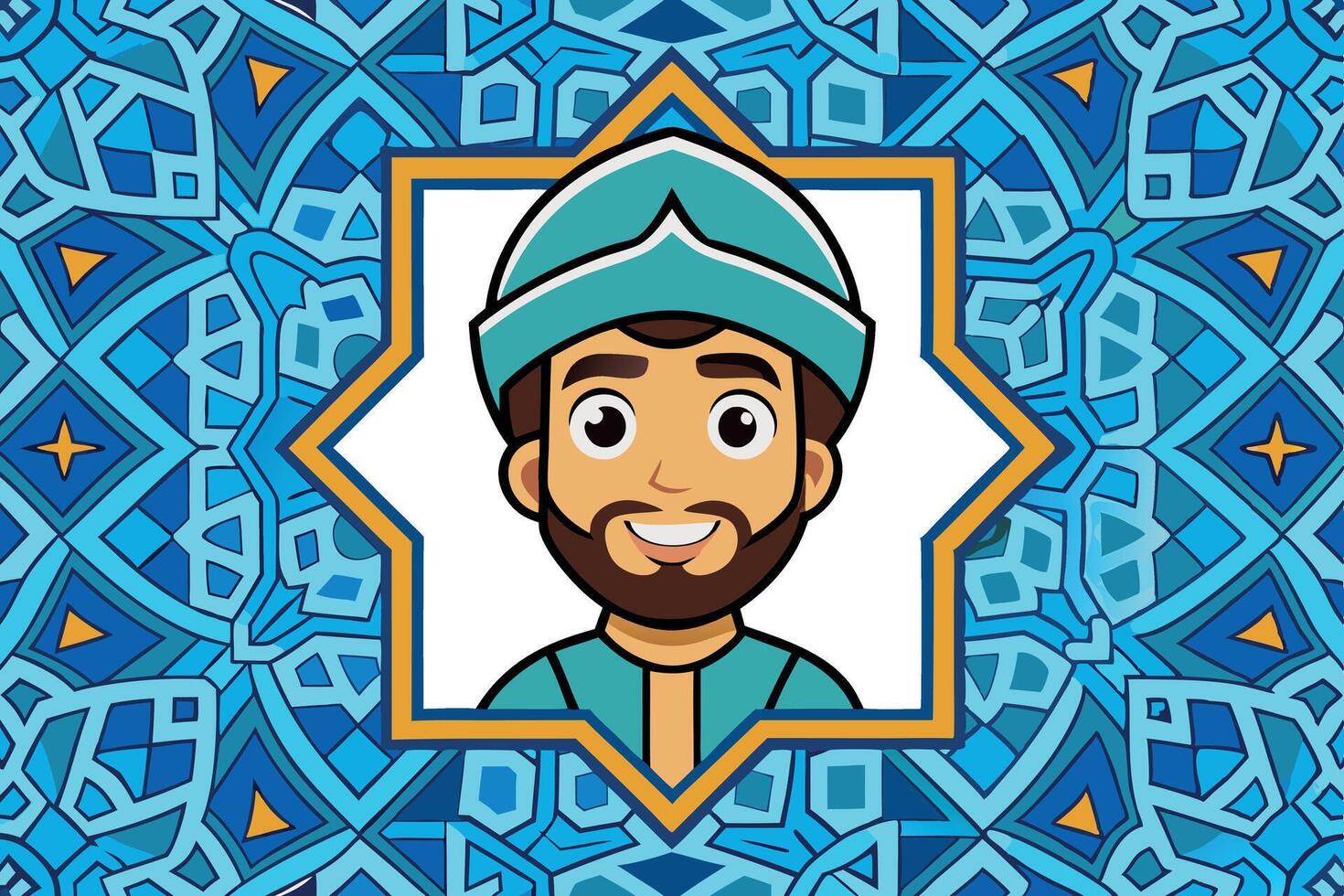 Cartoon character of a smiling Arabian man in traditional attire, set against a geometric blue and gold patterned background, ideal for cultural themes vector
