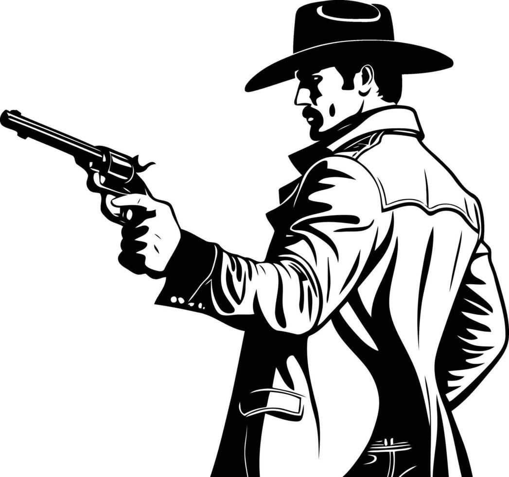 man wearing cowboy hat and holding a gun. retro wild west bandit shooting illustration silhouette. vector