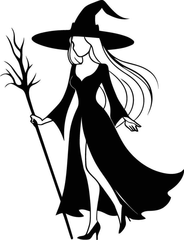 simple witch illustration. woman wearing halloween costume and a witch hat with a magic broom. vector