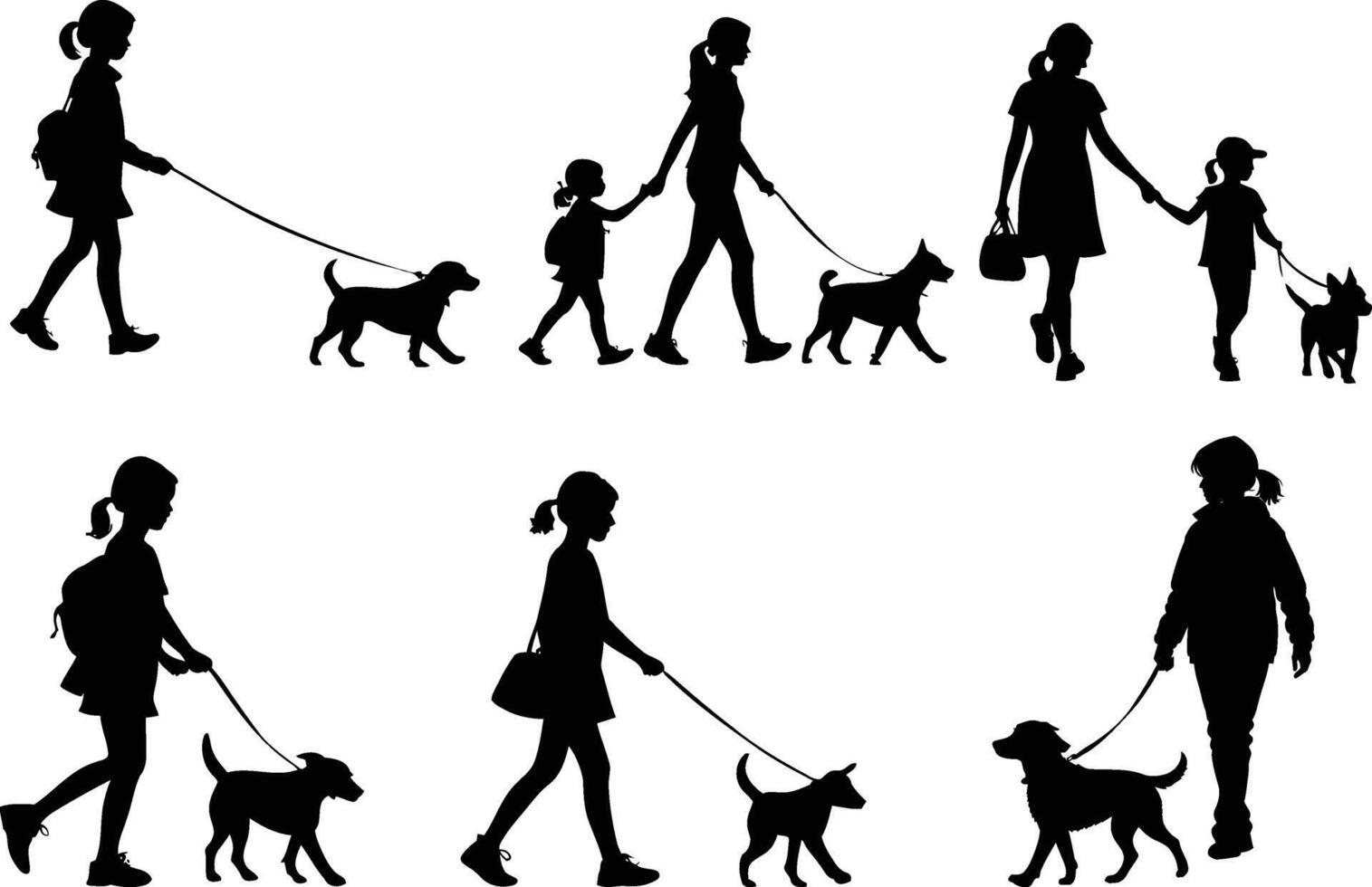 young girl and their mother walking dog out door silhouettes. young girl playing with pet dog. mother and daughter with cute puppy pets and running. vector