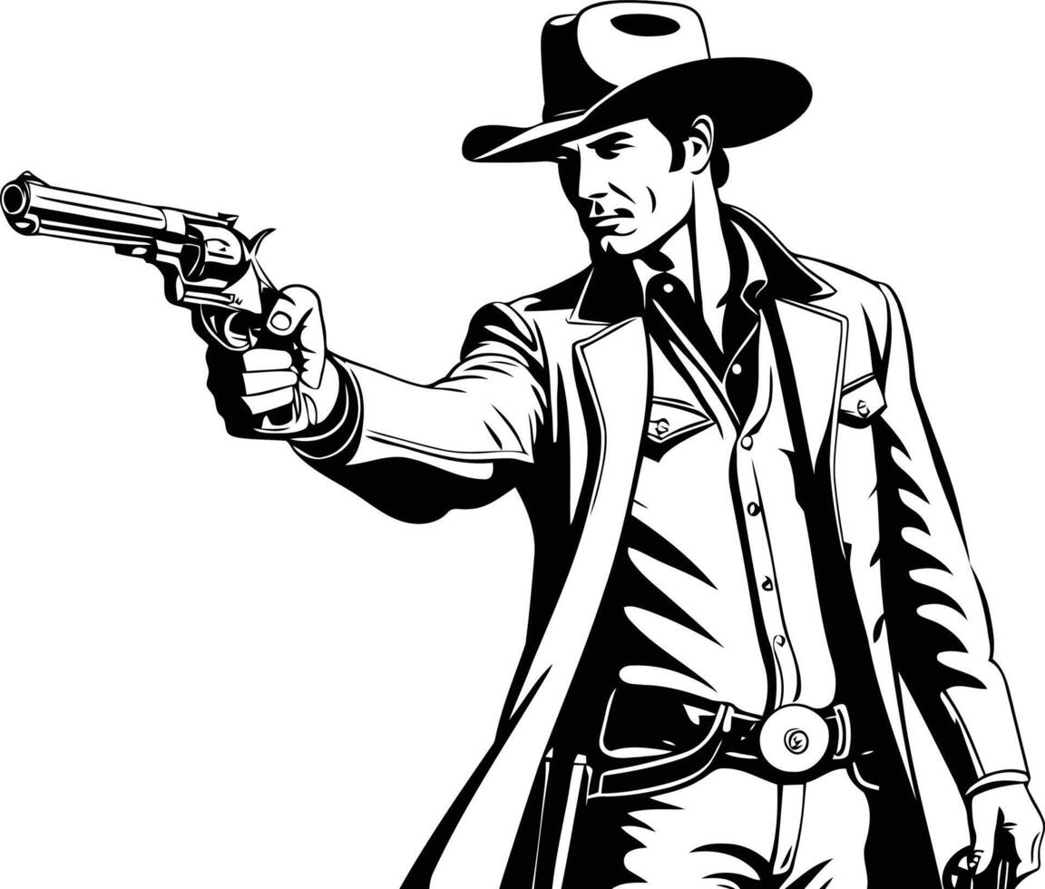 A man wearing a cowboy hat and holding a gun. retro wild west bandit shooting illustration silhouette. vector