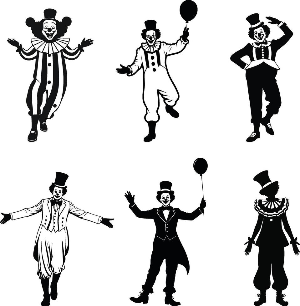 Set of Circus and Party Clown Silhouettes Featuring Funny Performers, Comedy Acts, Juggling, Balloon Artists, and Festive Entertainment Characters vector