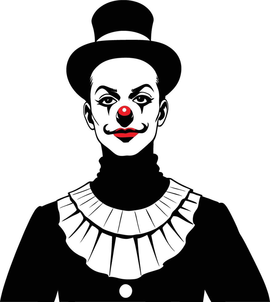 circus clown wearing a hat and red nose. old school joker or clown portrait. french mime. black and white illustration. vector