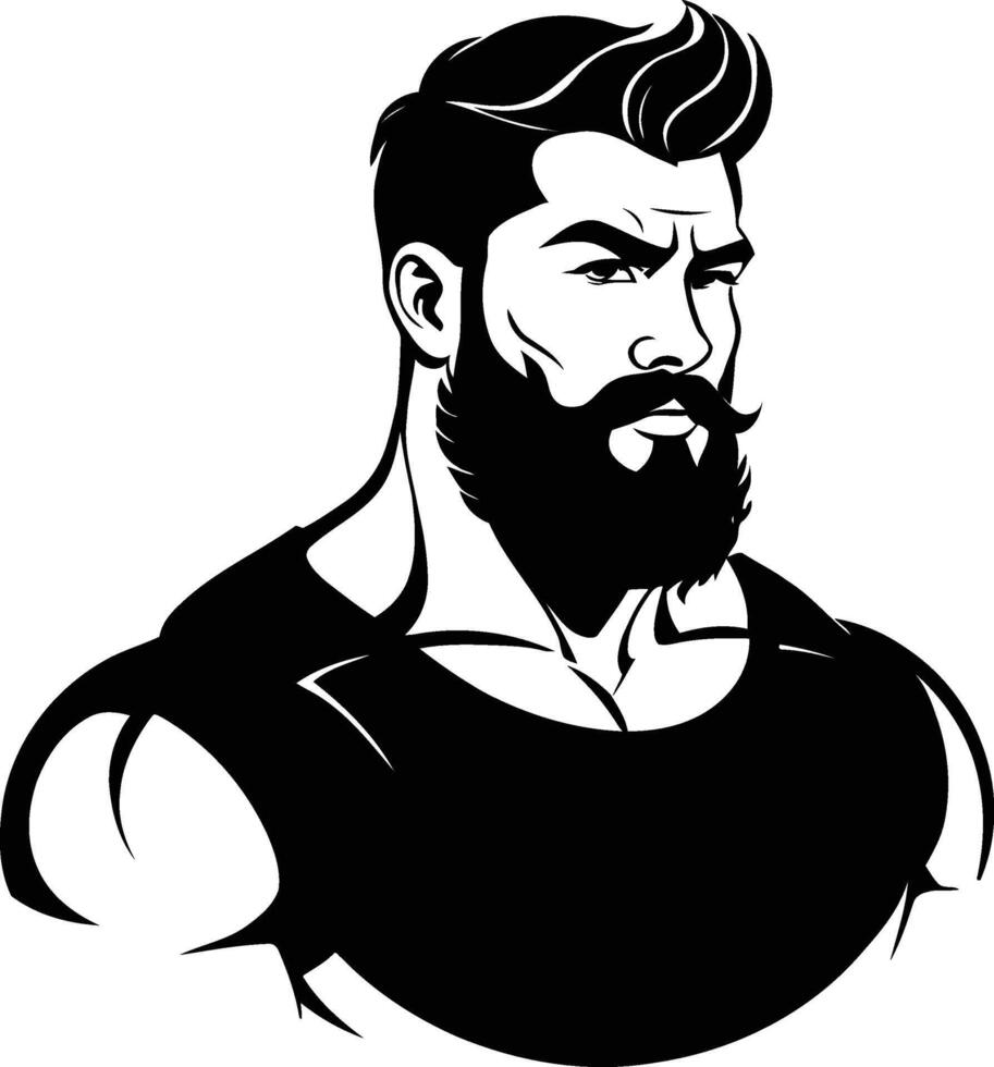 portrait of a bearded muscular bodybuilder art. black and white silhouette illustration. strong man fitness icon or logo template. vector