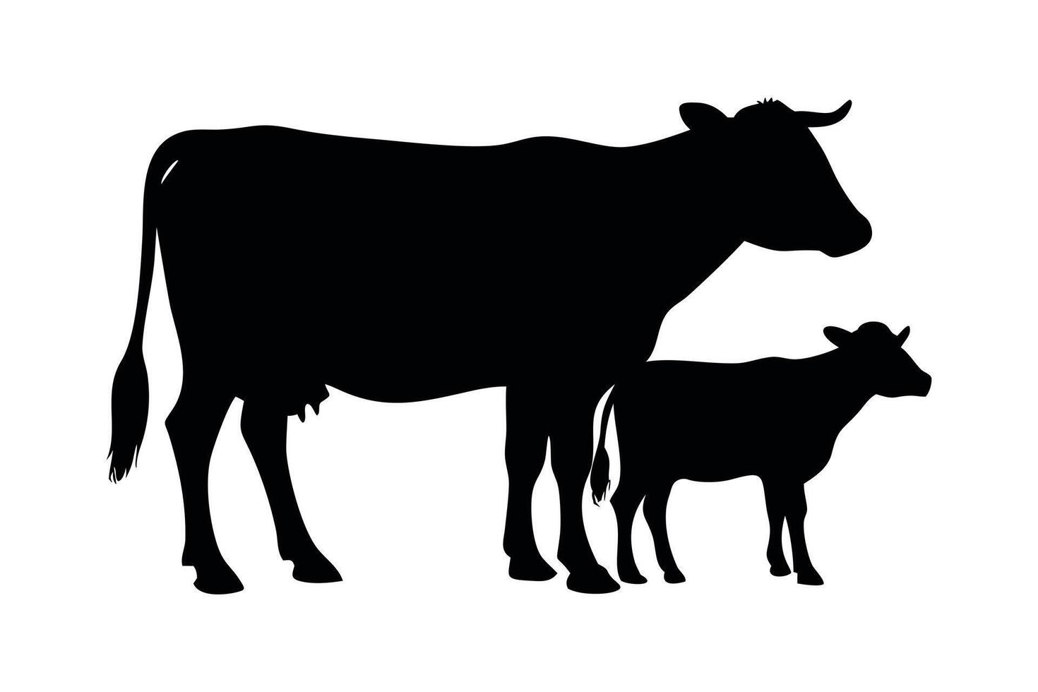 Cow With Calf Black Silhouette On White Background Illustration Farm Animal Livestock Bovine Domestic Animal Mammal Simple Graphic Design vector