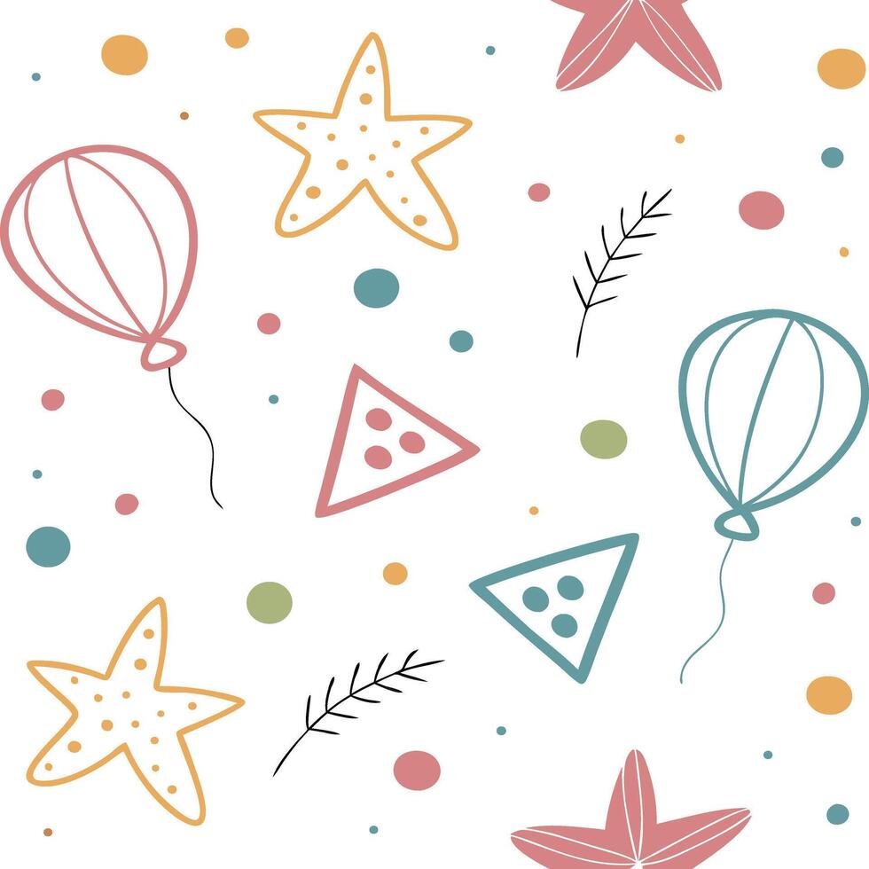 Cute Seamless Pattern Featuring Balloons Starfish And Geometric Shapes Perfect For Baby Shower Or Birthday Party Decorations vector