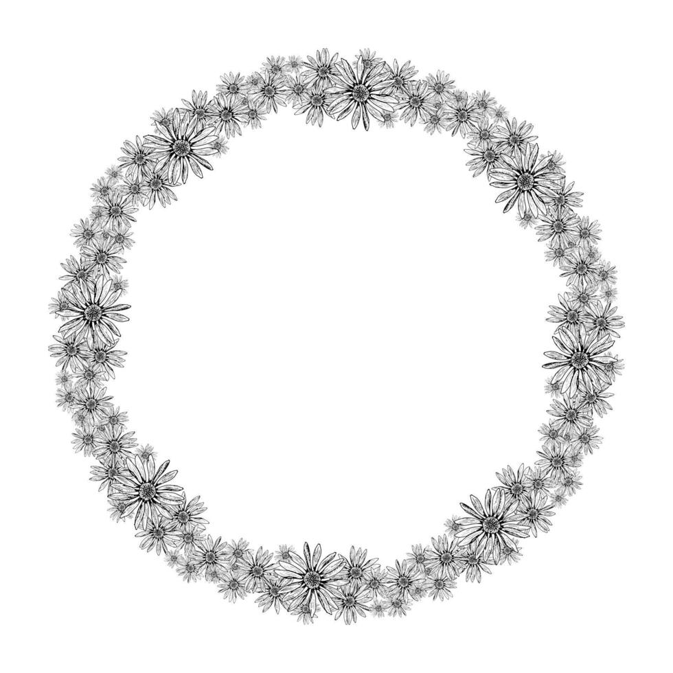 Botanical wreath composed of hand drawn wildflowers. Detailed black and white illustration with chamomile, echinacea, and arnica-like blooms. Ideal for invitations, packaging, and herbal designs. vector