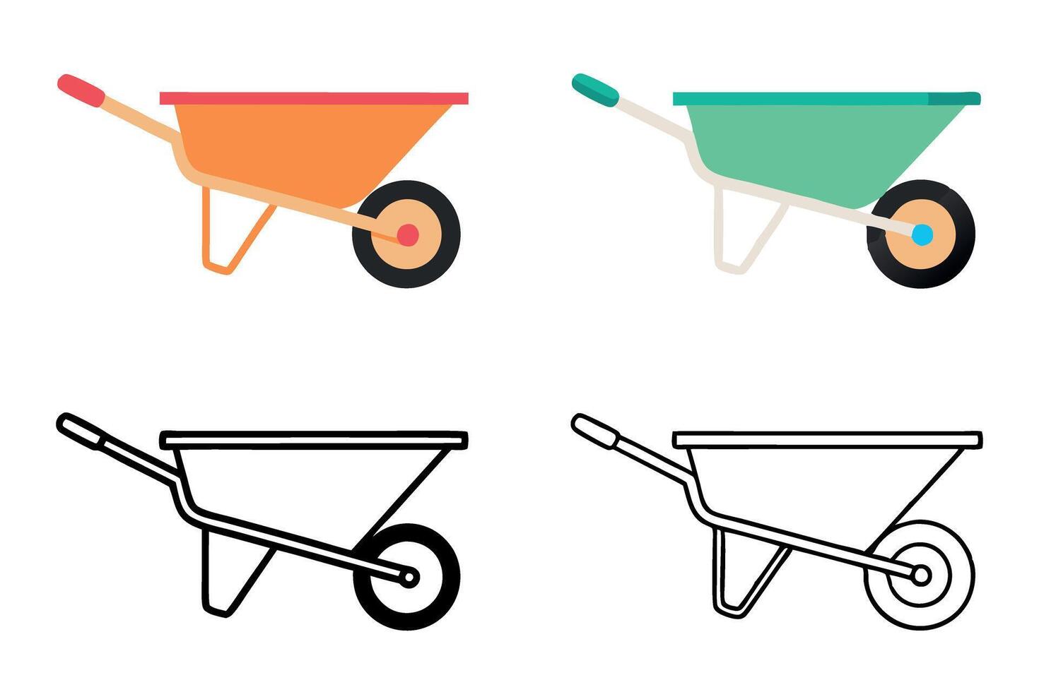 wheelbarrow designs, perfect for labor and construction themes, depicting different styles and perspectives, labour day or labor day line art icon set vector