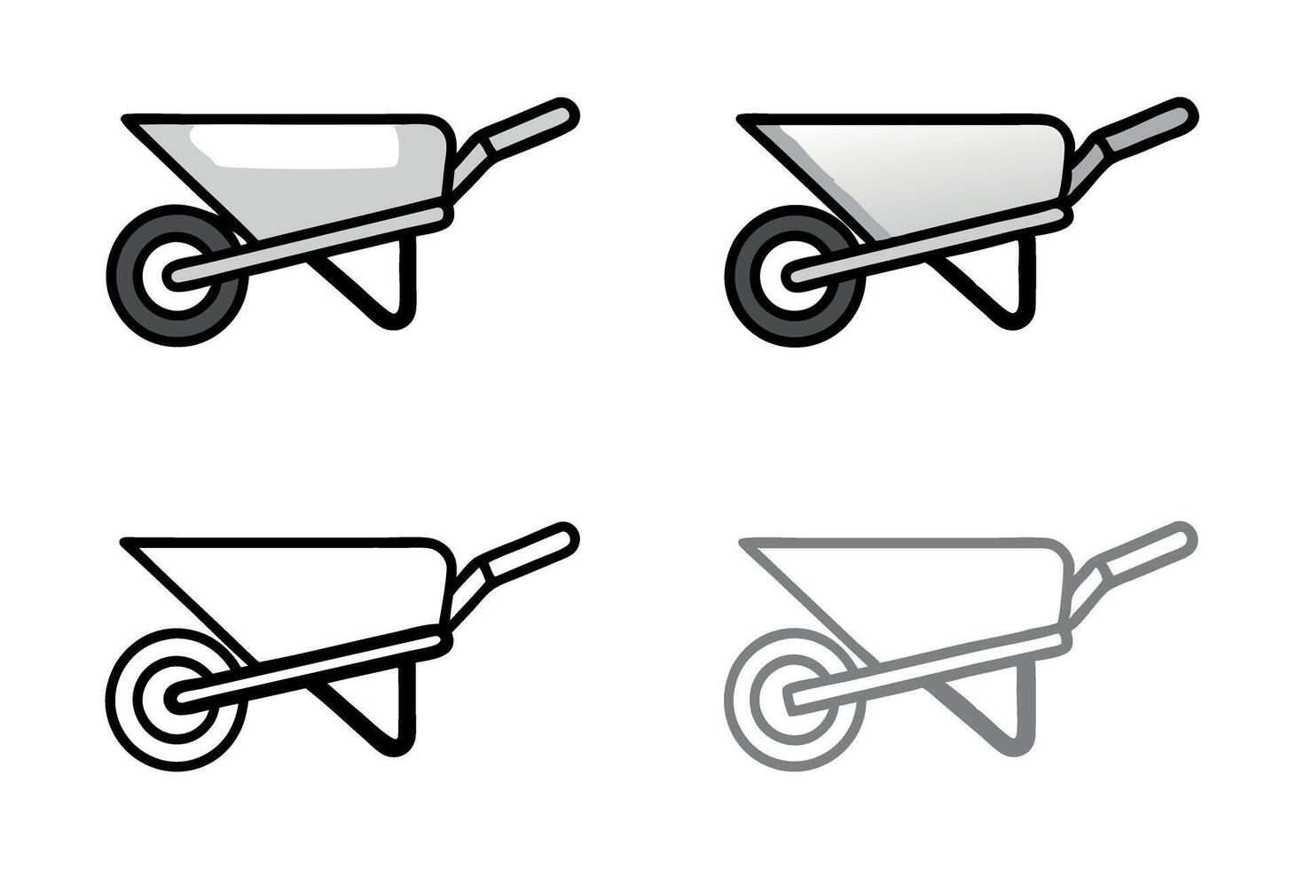 wheelbarrow icons in simple outlines, reflecting construction, gardening tools, and outdoor work, all variations depicted, labour day or labor day line art icon set vector