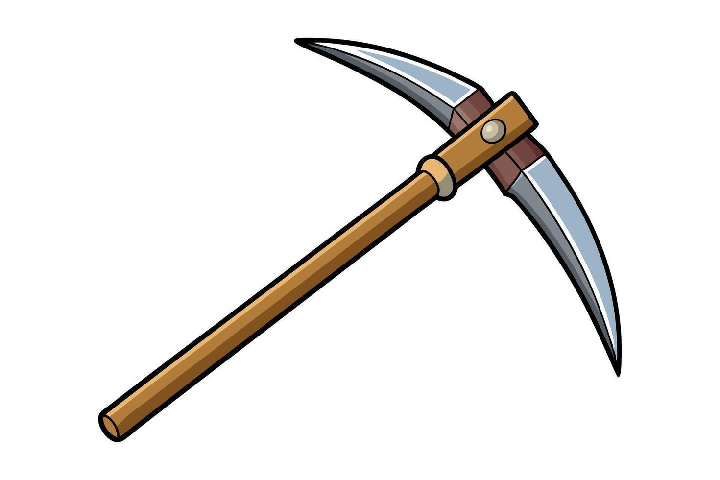 Cartoon pickaxe with a wooden handle and curved metal blade, isolated on a white background, symbolizing tools and hard work for Labour Day or Labor Day vector
