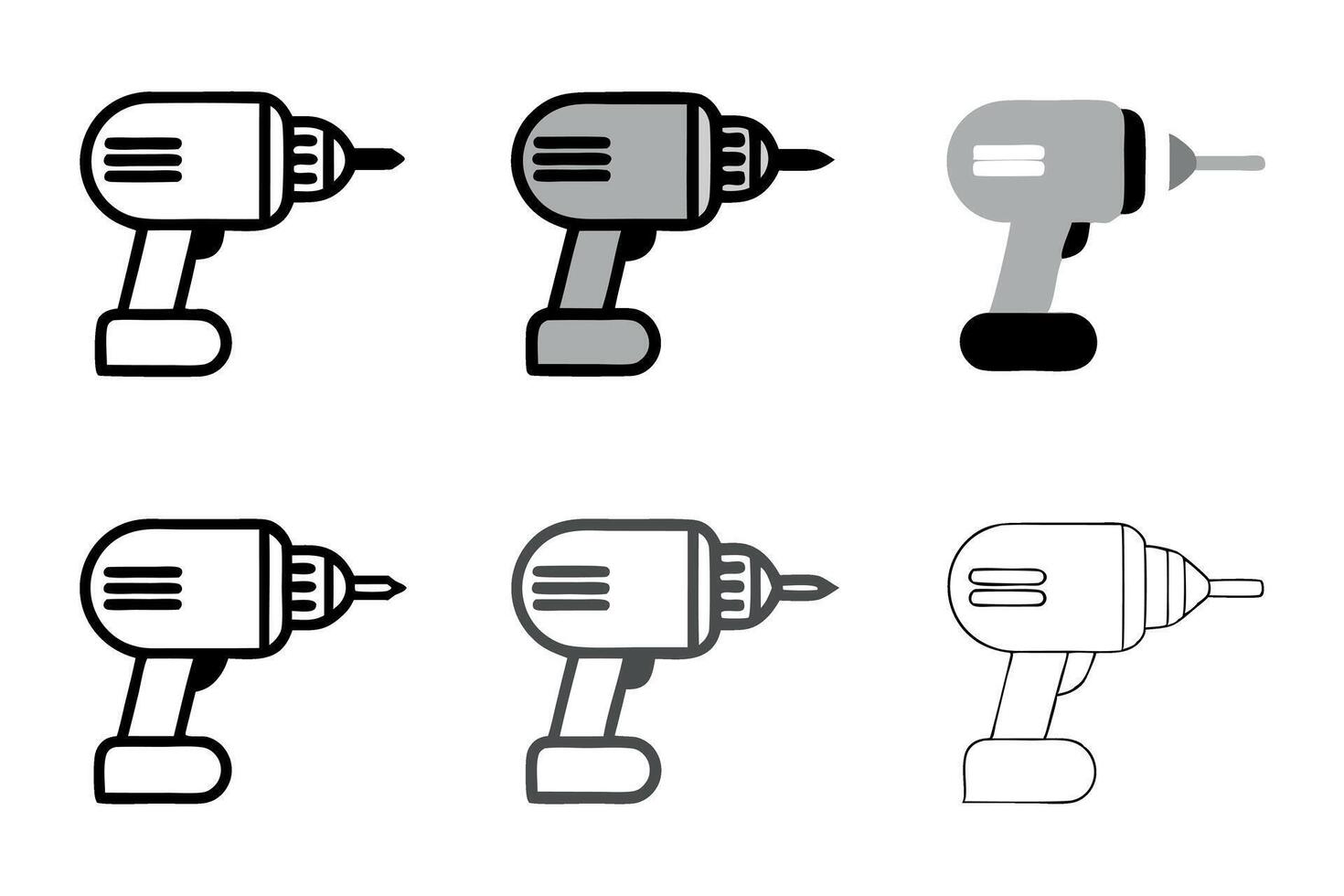 Set of drill machine icons, featuring various styles and color variations, perfect for construction and DIY concepts, labour day or labor day line art icon set vector