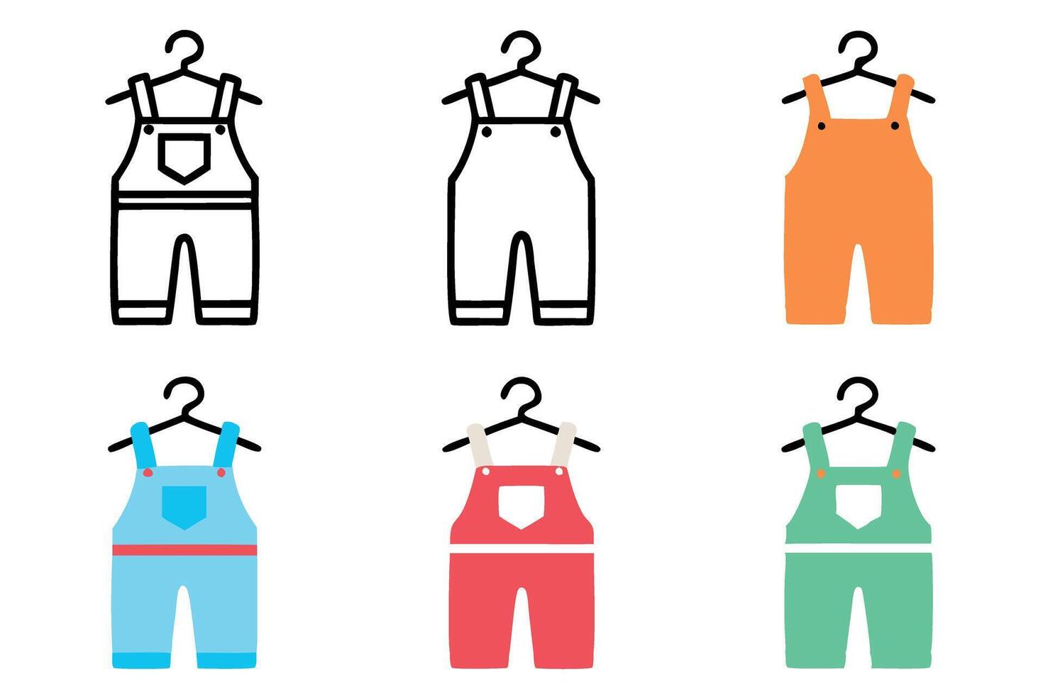 overalls with hanger for kids or adults, featuring yellow, blue, green, red, and orange overalls in different styles, illustrated with line art Labour day or labor day line art icon set vector
