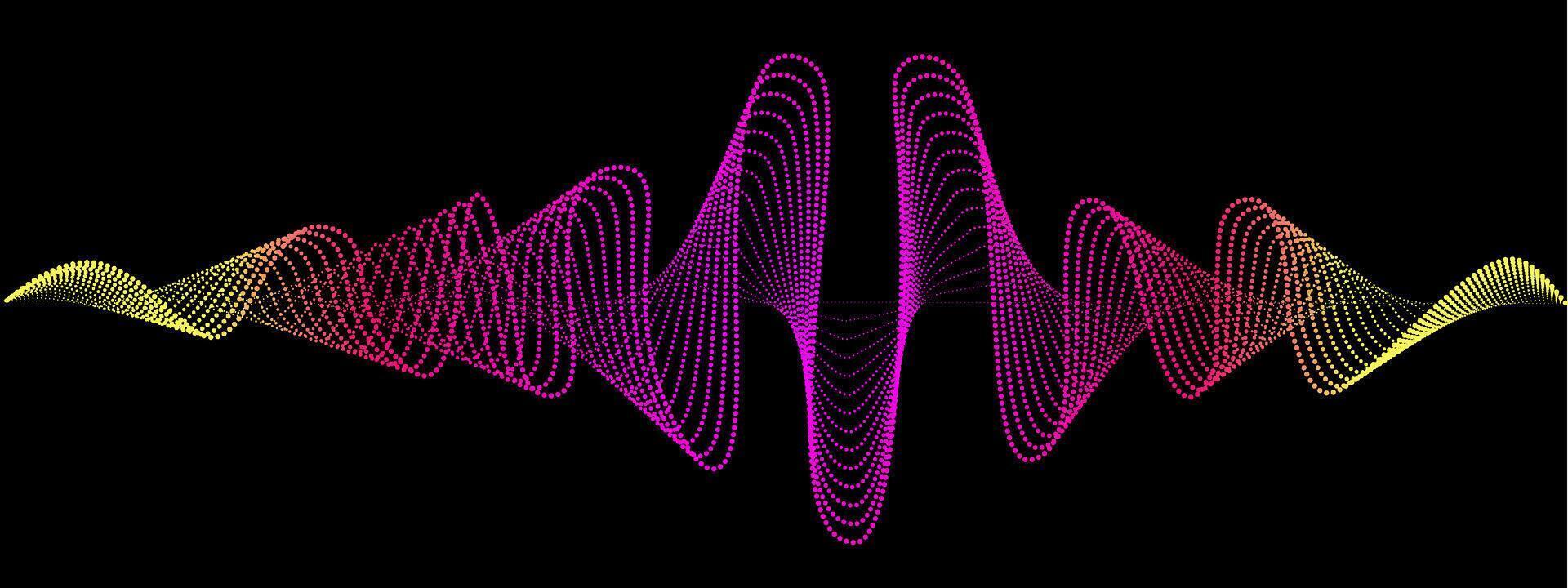 Abstract fluent gradient wavy dots lines of the sound wave. Dynamic pulsating wave. Musical neon concept, symbols of the frequency of digital music. illustration on a black background vector