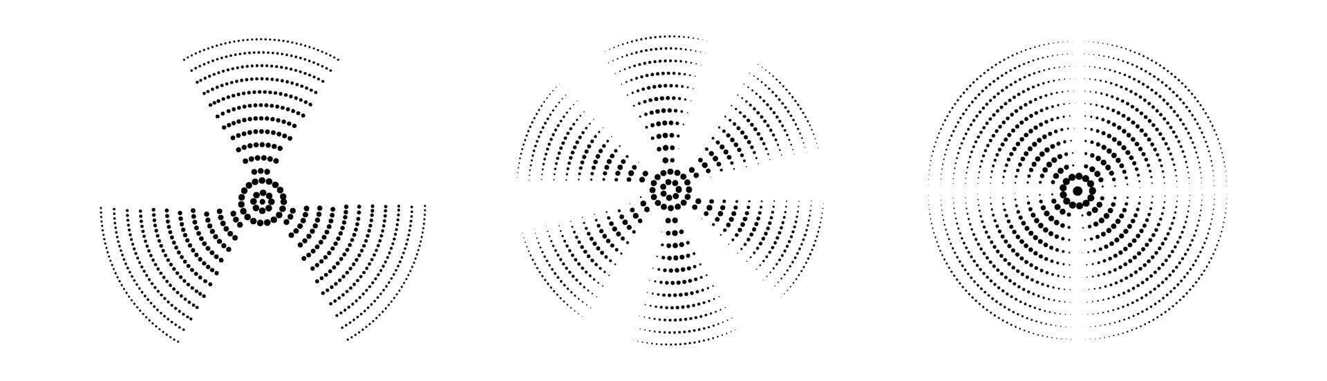 A set of black sound wave rings, of interrupted lines and dots Rings with radial lines. Target icon epicenter. Concentric vortex circles. illustration vector