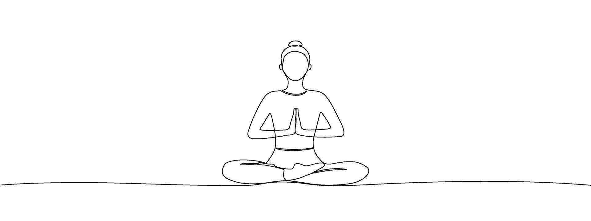 Woman practicing yoga and meditation one continuous line. Girl sitting in lotus pose in one line style. Fitness and women sport concept. illustration. vector