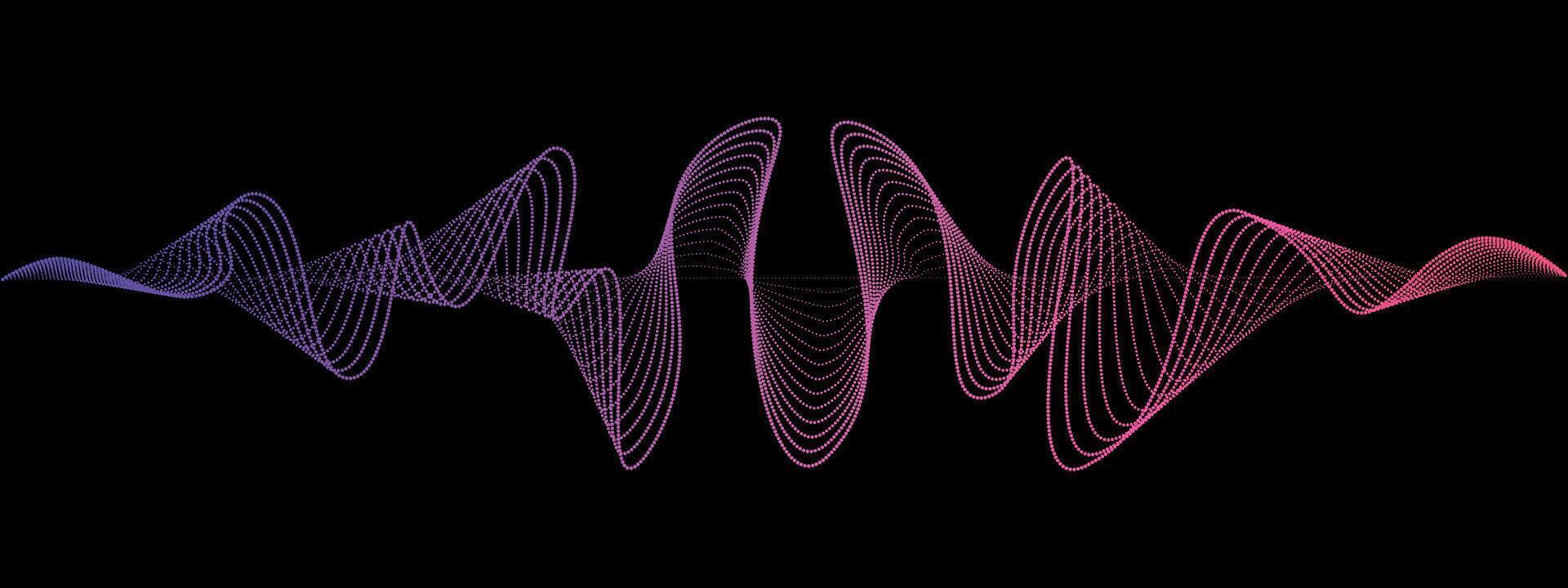 Abstract neon wavy dotted lines of the sound wave. Dynamic pulsating wave. Musical concept, symbols of the frequency of digital music. illustration on a black background vector