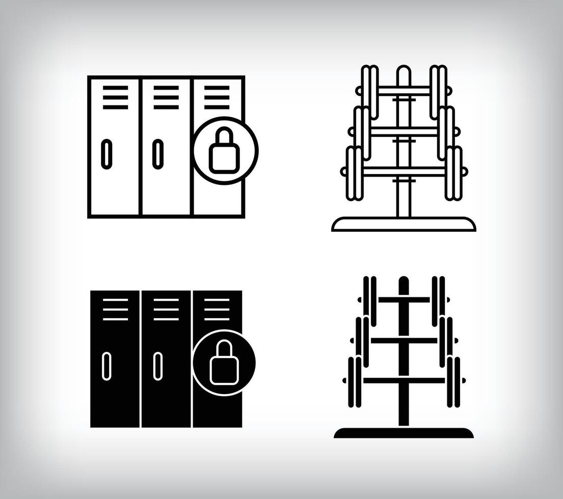 Locked gym cabinet and weight equipment design. Simple linear and flat fitness weight icon set. vector