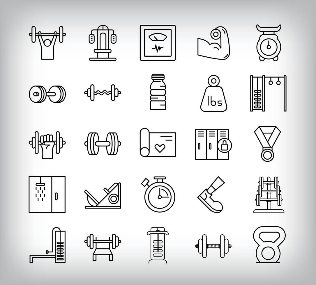 Weights, bodybuilding, fitness equipment, pilates and sports design. Simple 25 linear fitness icon set. vector