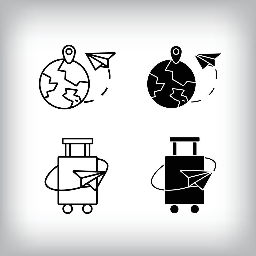 Hobby entertainment design with traveling around the world and suitcase. Simple linear and flat activity icon set. vector
