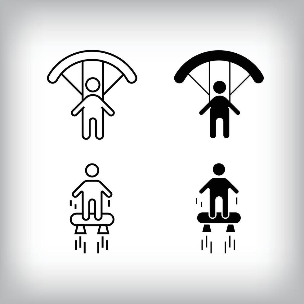Hobby entertainment design with parachute sport and flyboard. Simple linear and flat activity icon set. vector