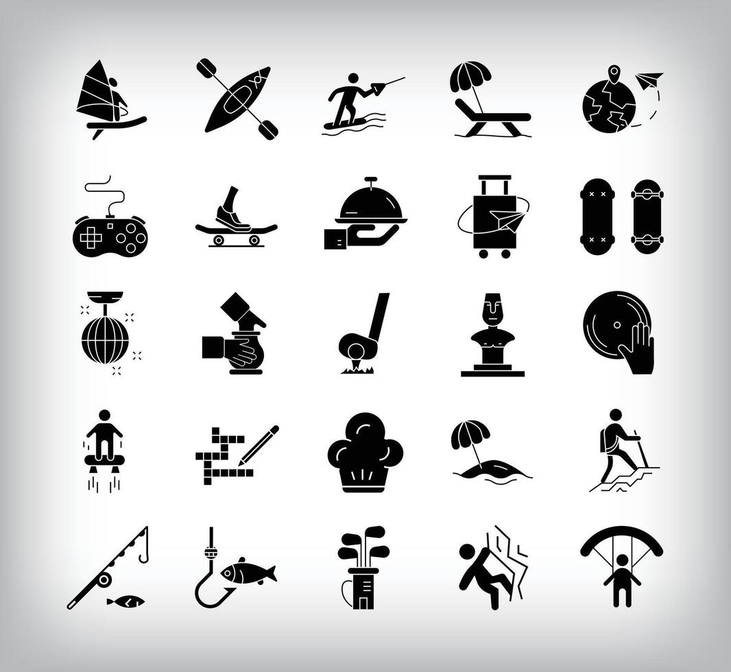 Equipment, leisure activity and sports design such as skiing, gliding, fishing, sculpting. Simple set of 25 flat games and entertainment icons. vector
