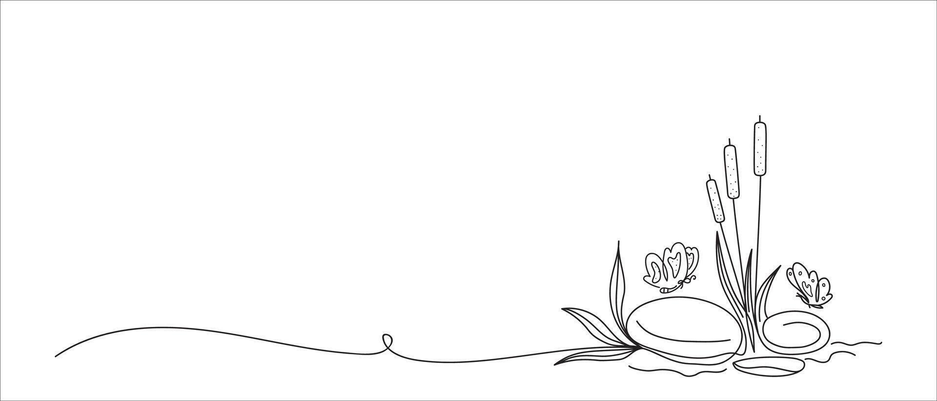 Abstract landscape pond drawn by one line. Stones, grass reed, butterflies, pond. Floral sketch. Minimal botanical art. Continuous line drawing art. Cute illustration. vector