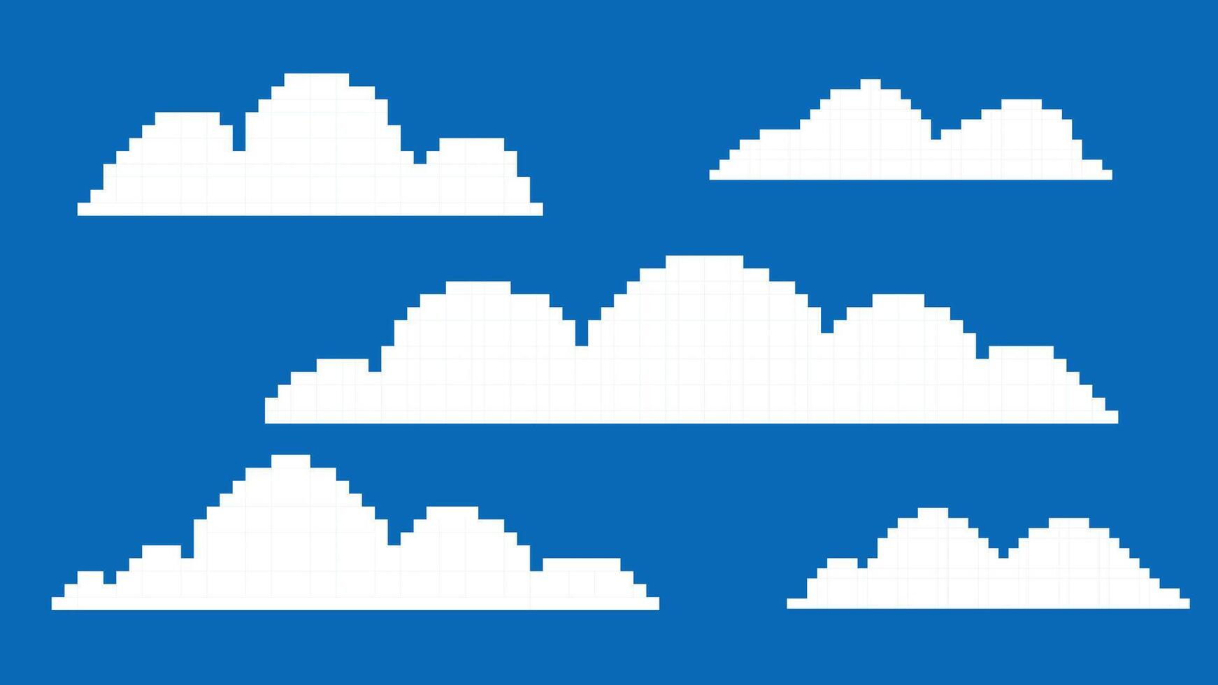 Pixel cloud landscape. Pixelated nostalgia icons. Gaming 8-bit set. Retro blue sky. vector