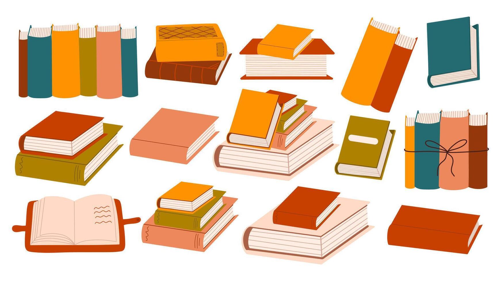 Set of different colored hand drawn books open and closed. Educational and school subjects. Literature and knowledge conceptual stickers vector