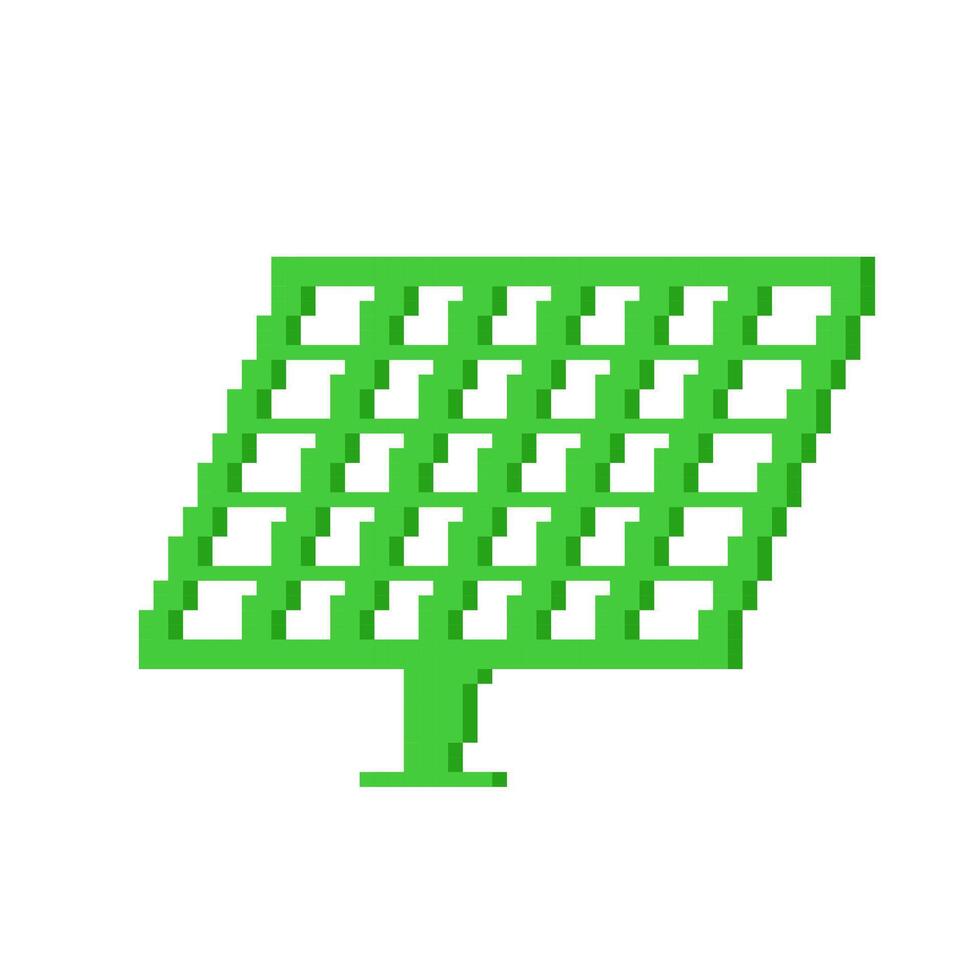 Green solar panel in pixel art style. Retro environmental and renewable energy 8-bit design graphic. Pixelated icon vector