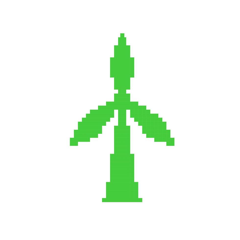 Green wind turbine on a white background in pixel art style. Clean energy and sustainability conceptual 8-bit icon vector