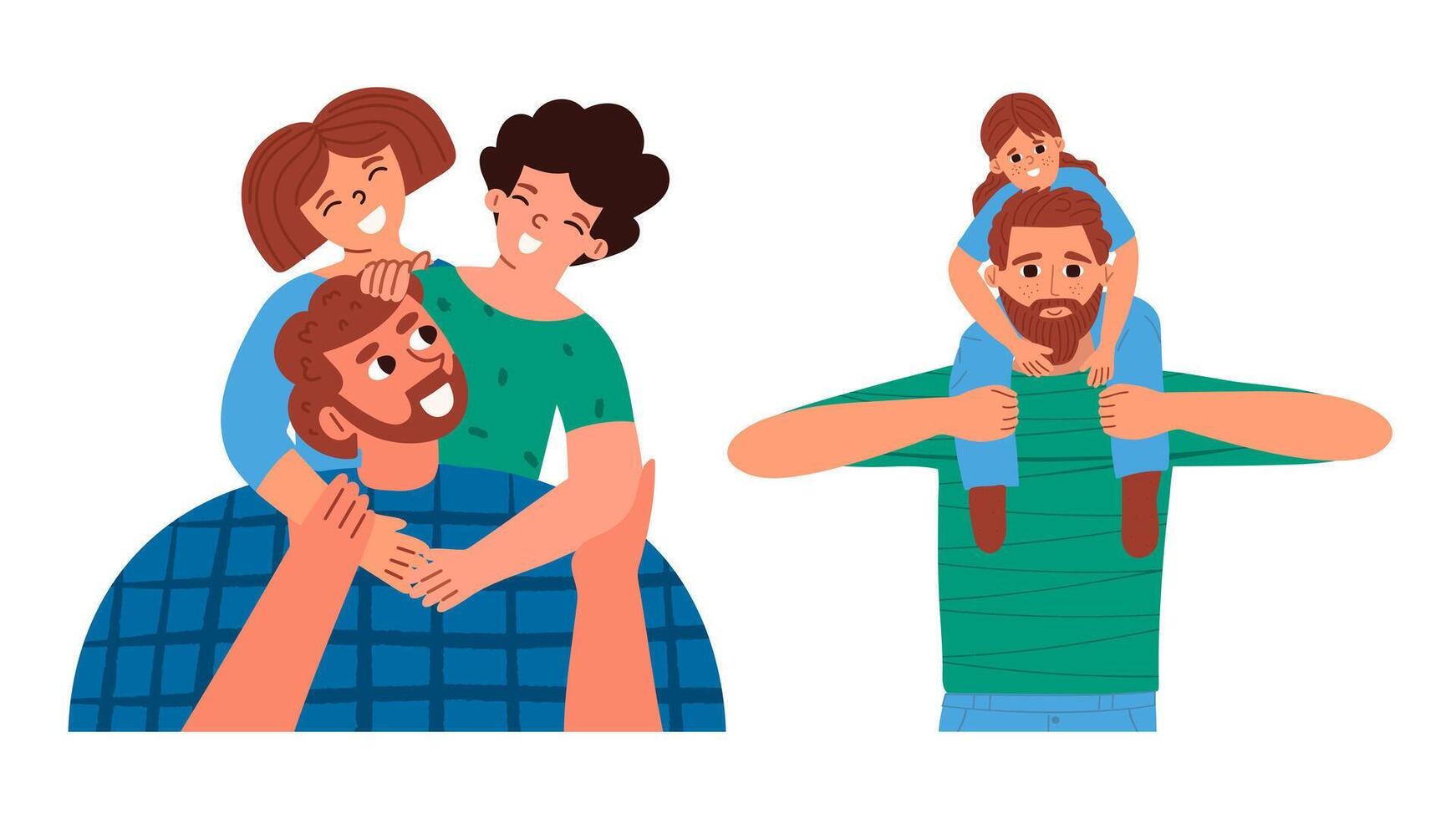 Father spending time with children. Father's day graphic color hand drawn illustrations vector
