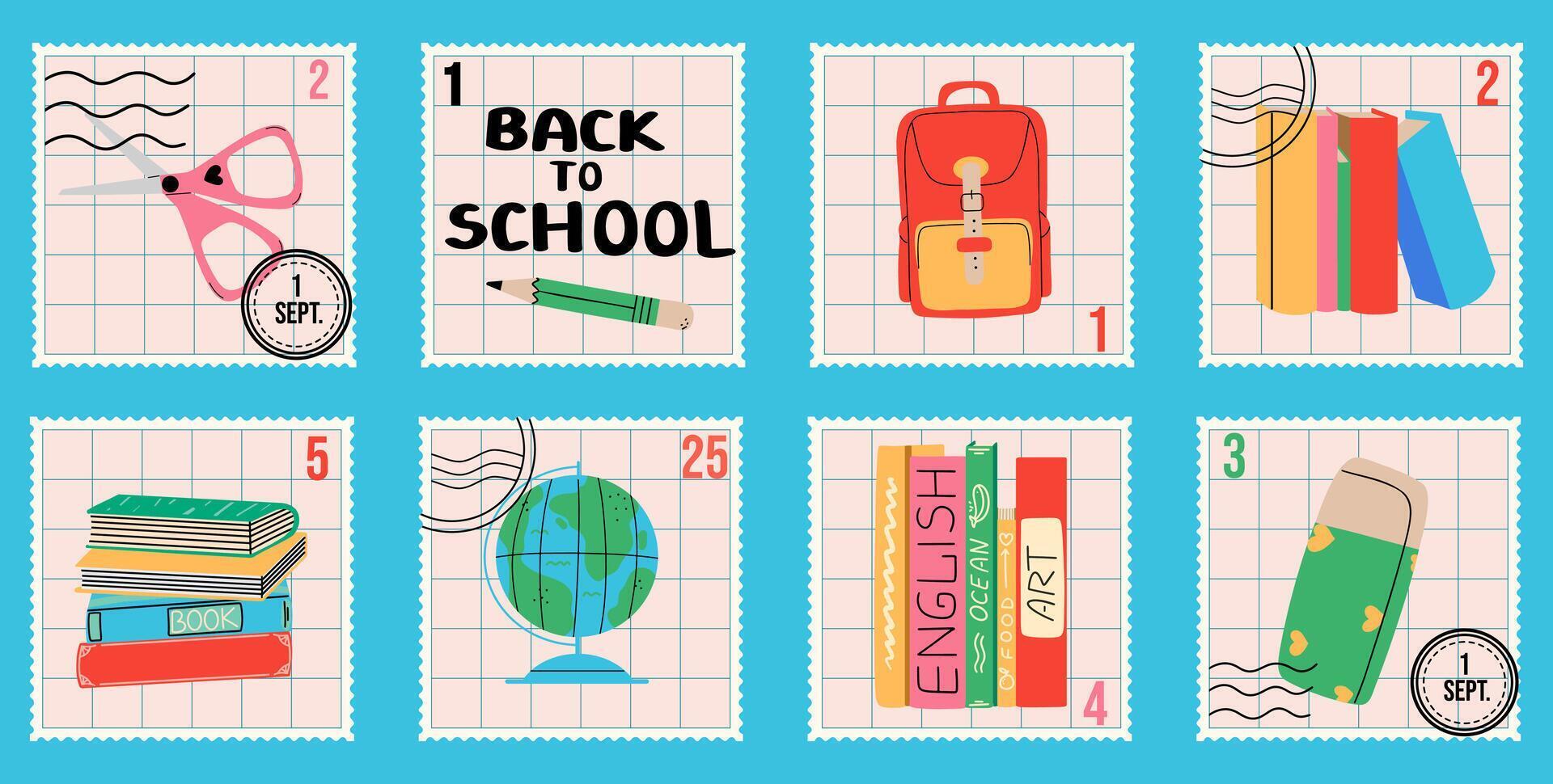 Back to school vintage postal stamps with books, pencil, scissors, globe. School supplies cards collection. Educational graphic elements. vector