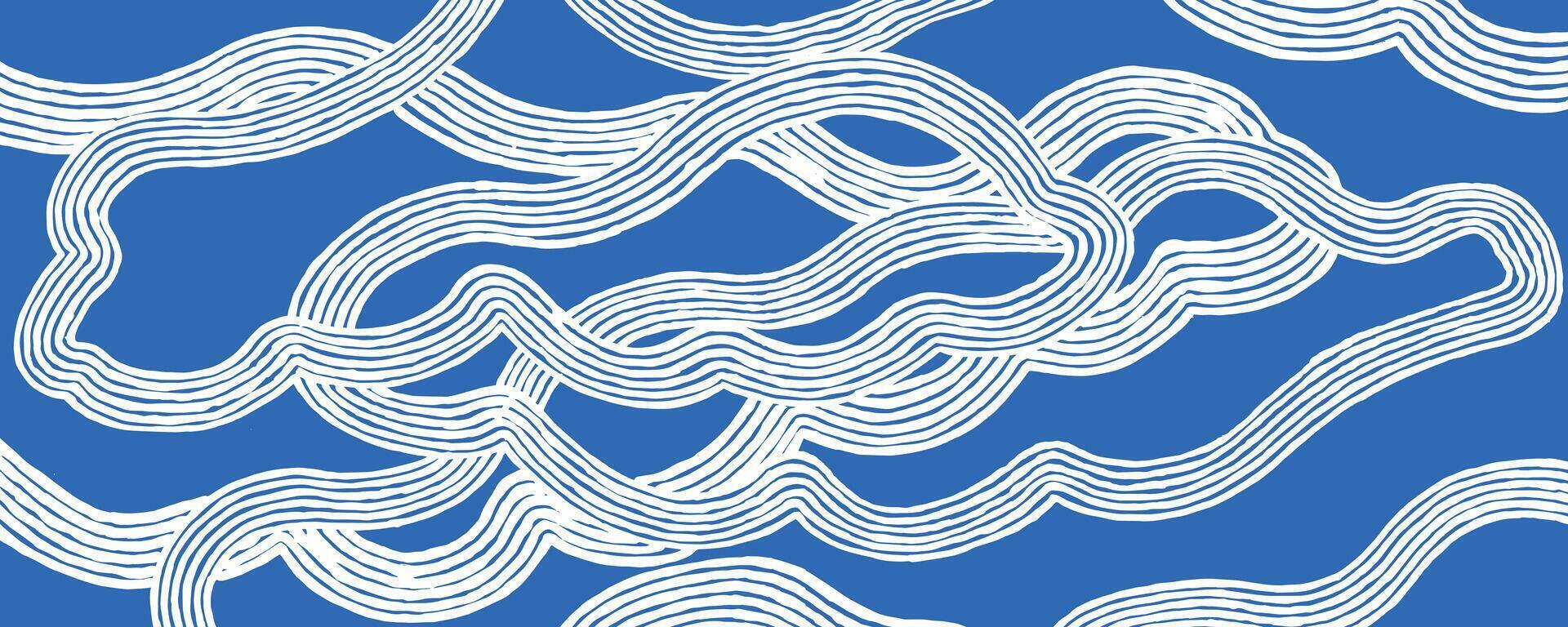 Hand drawn brush line abstract clouds background in white and blue, Japanese and ethnic folk wood carving, block print texture pattern, simple graphic for textile, carpet vector