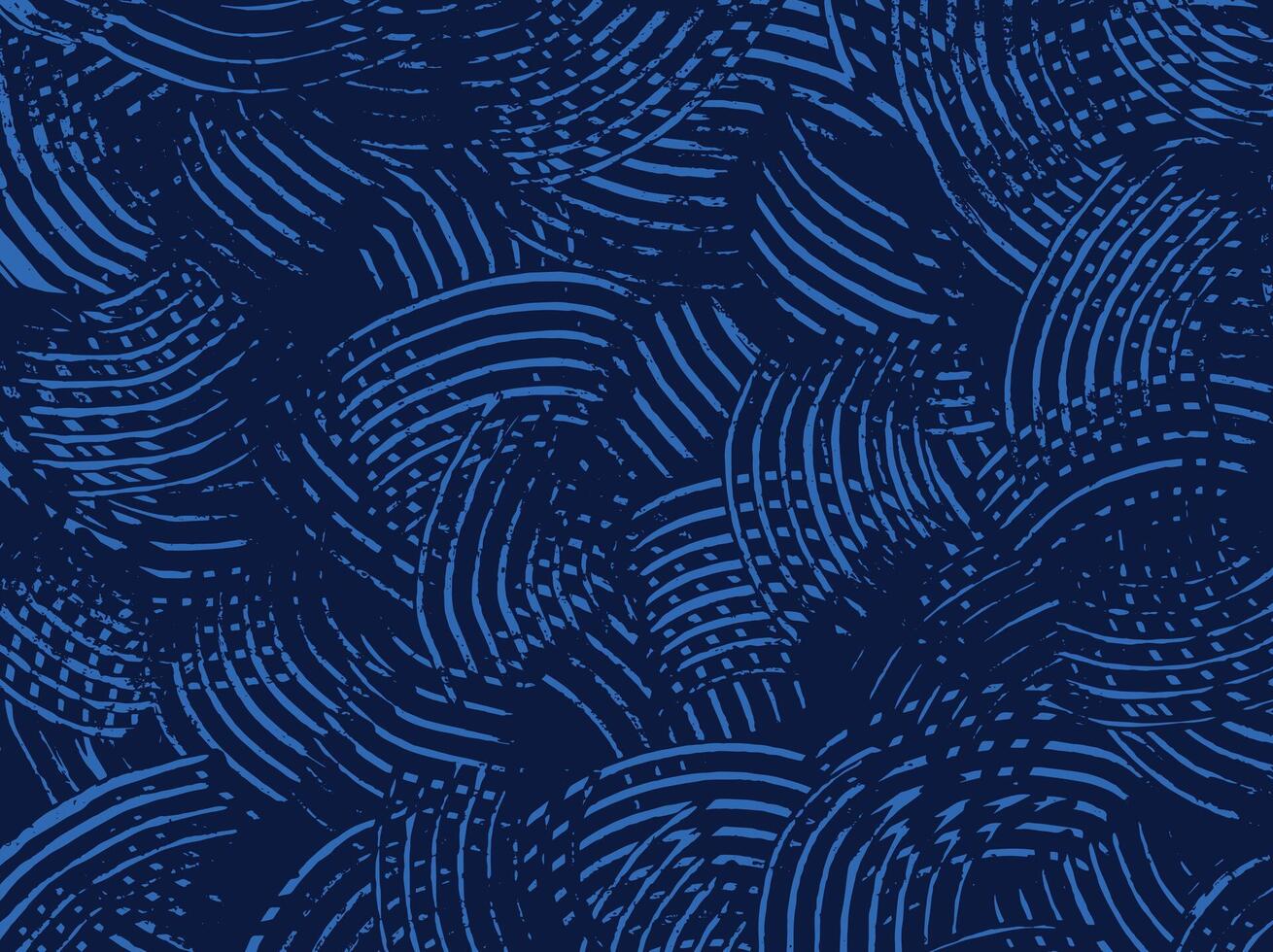 Hand drawn brush line abstract curvy cross hatching pattern in monochromatic blue, Japanese and ethnic wood carving, engraving texture background, simple graphic for textile, carpet vector