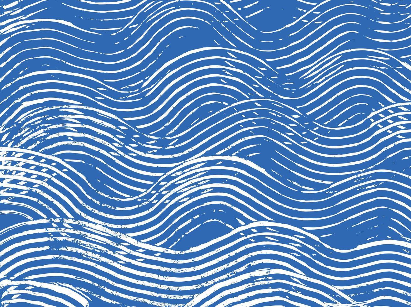 Crafted hand drawn ink brush line abstract waves pattern in white and blue, Japanese and ethnic wood carving, engraving texture surface background, minimal graphic for textile, carpet, vector