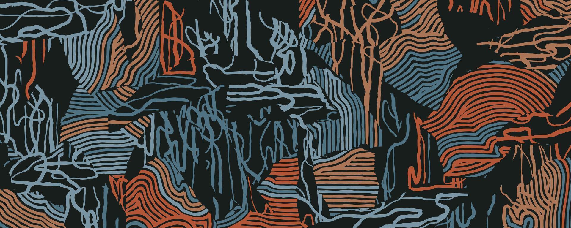 Experimental hand drawn brush line abstract background, Japanese, ethnic and tribal wood carving, engraving, block print texture pattern, irregular line art for textile, carpet vector