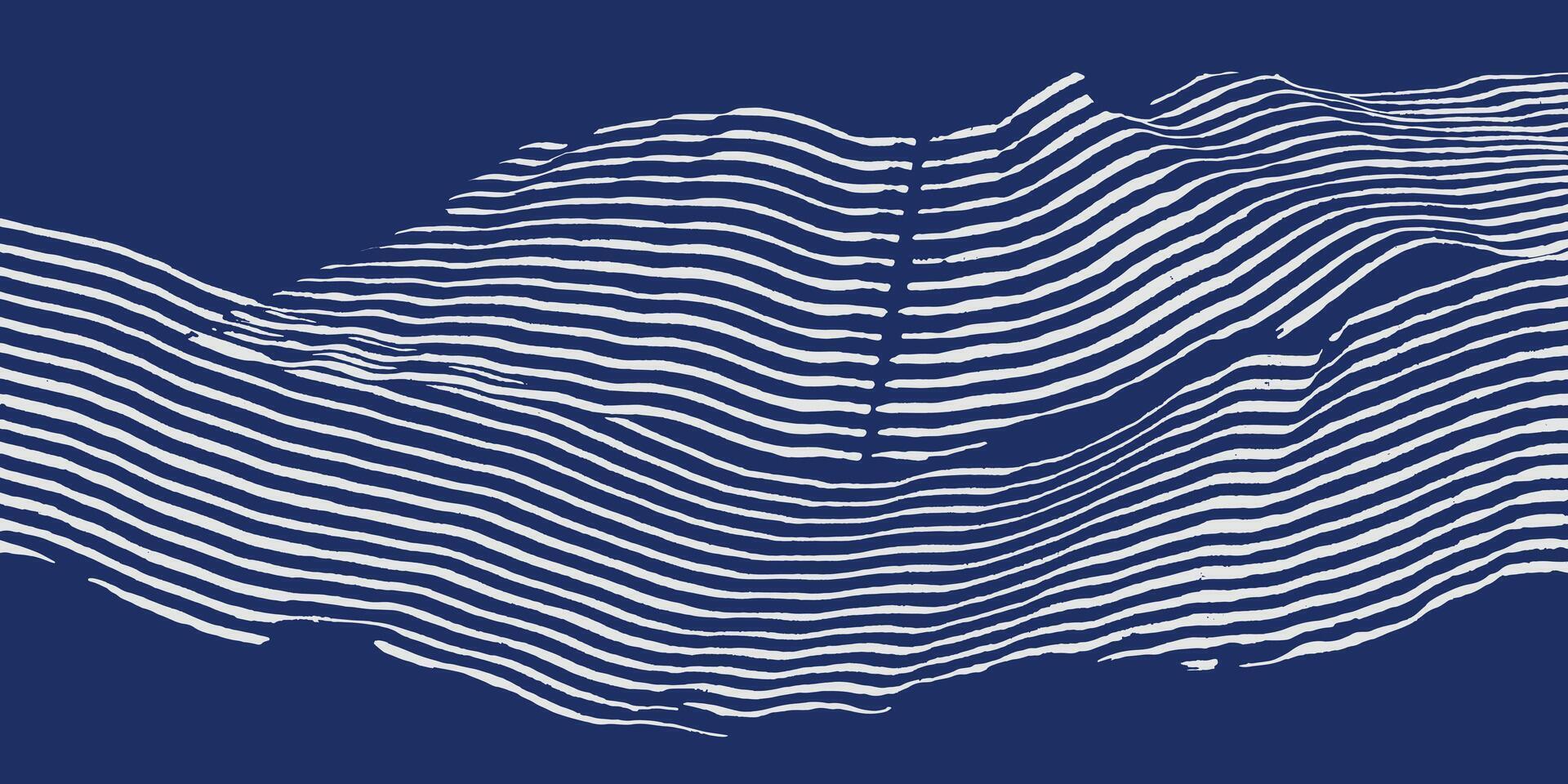Crafted hand drawn brush line abstract minimal flowing waves and water background, Japanese and ethnic wood carving, engraving texture graphic in white and blue, for textile, carpet, decoration vector