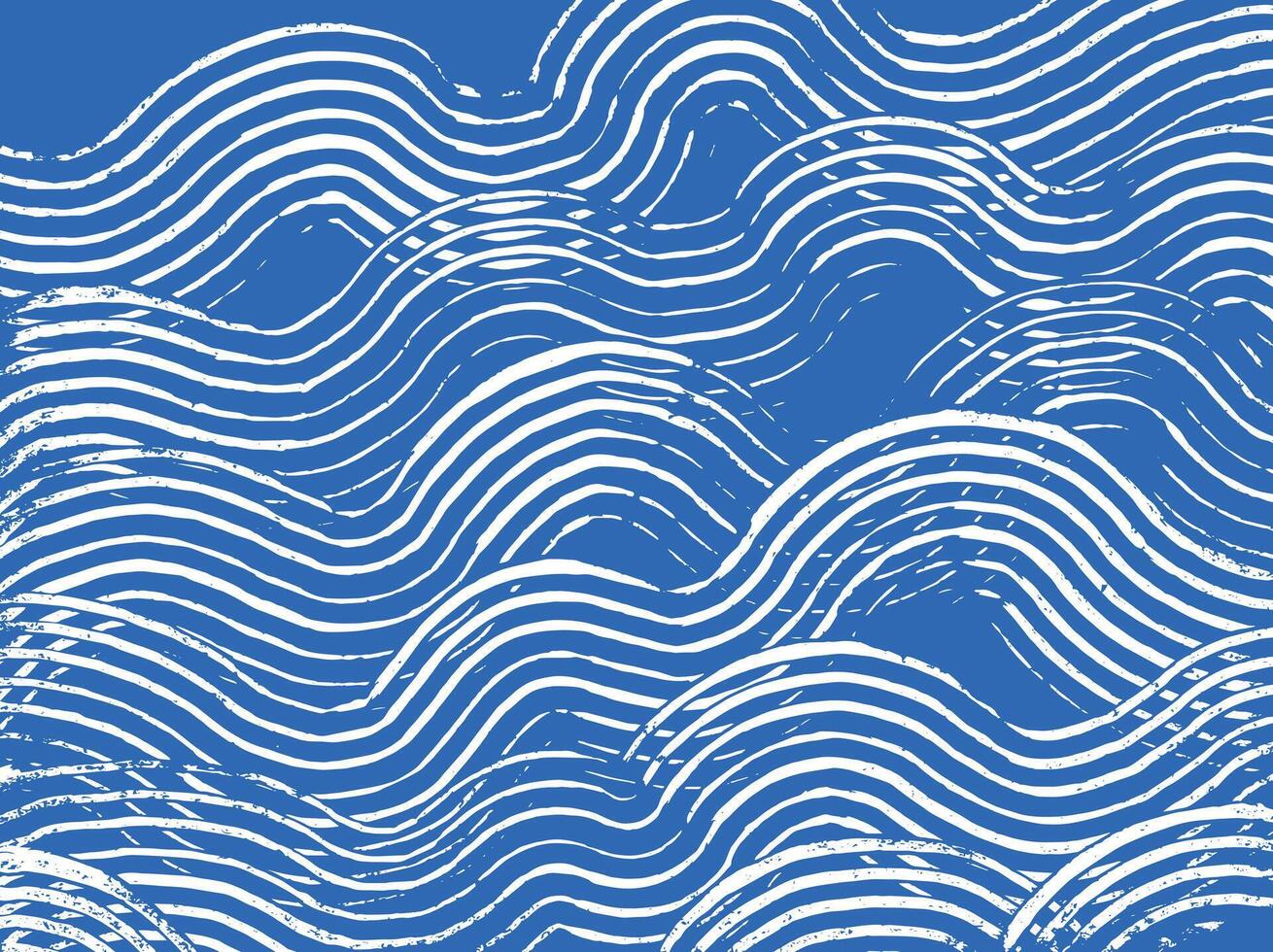 Hand drawn ink brush line abstract waves pattern in white and blue, Japanese and ethnic wood carving, engraving texture surface background, minimal graphic for textile, carpet, decoration vector