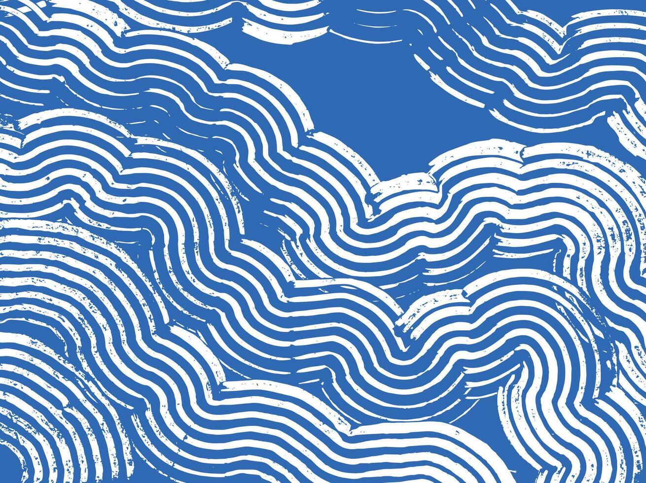 Crafted hand drawn ink brush line abstract waves pattern in white and blue, Japanese and ethnic wood carving, engraving texture surface background, minimal graphic for textile, carpet, decoration vector