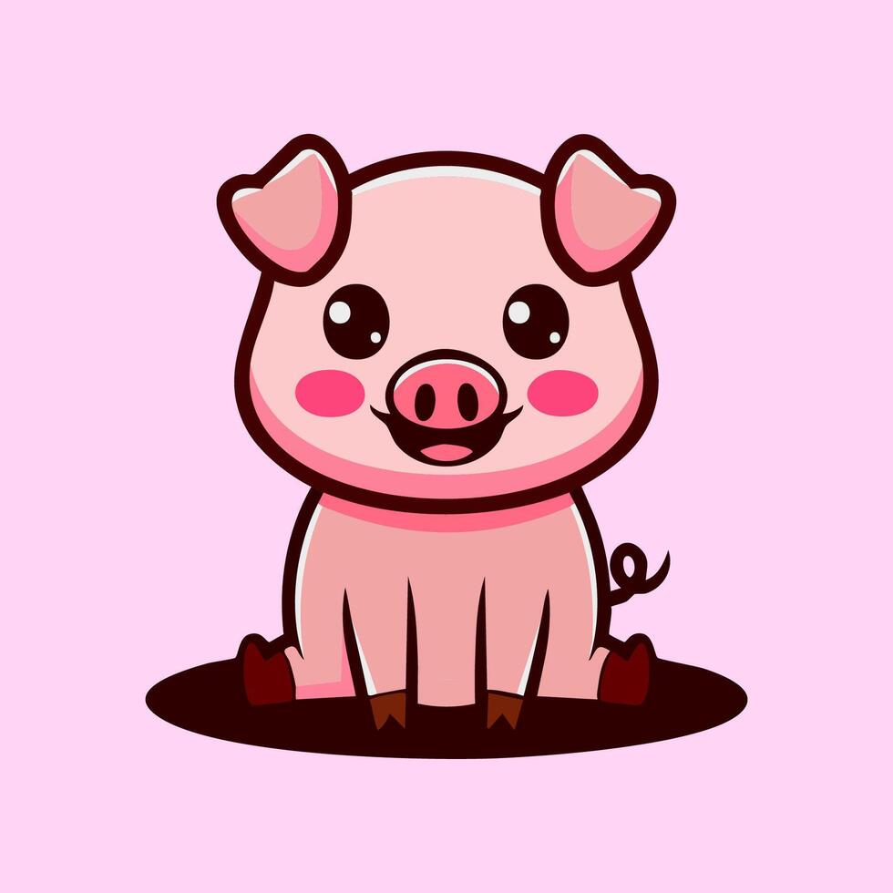 Cute pig cartoon mascot sitting simple minimalist flat isolated icon vector