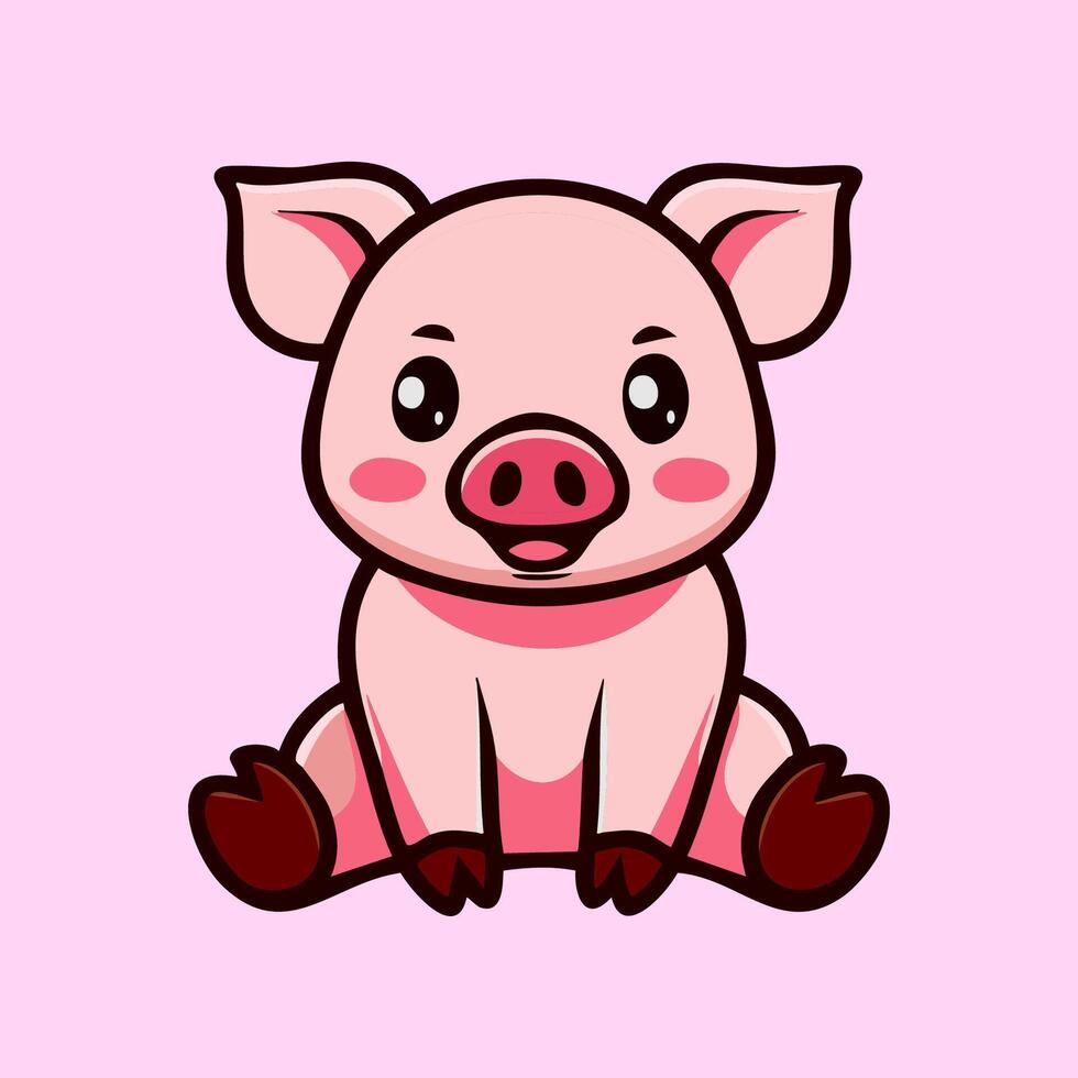 Pig cartoon mascot sitting simple minimalist flat isolated design vector