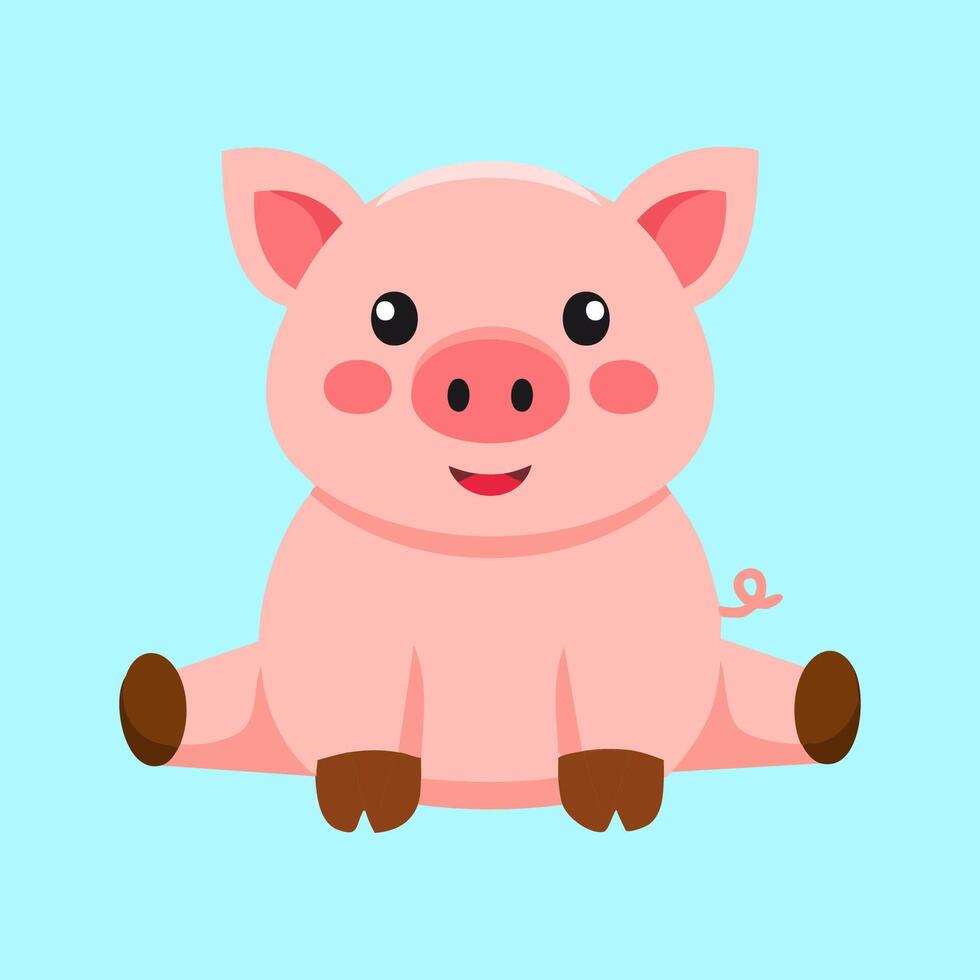 Cute pig cartoon mascot sitting simple minimalist flat isolated character design vector
