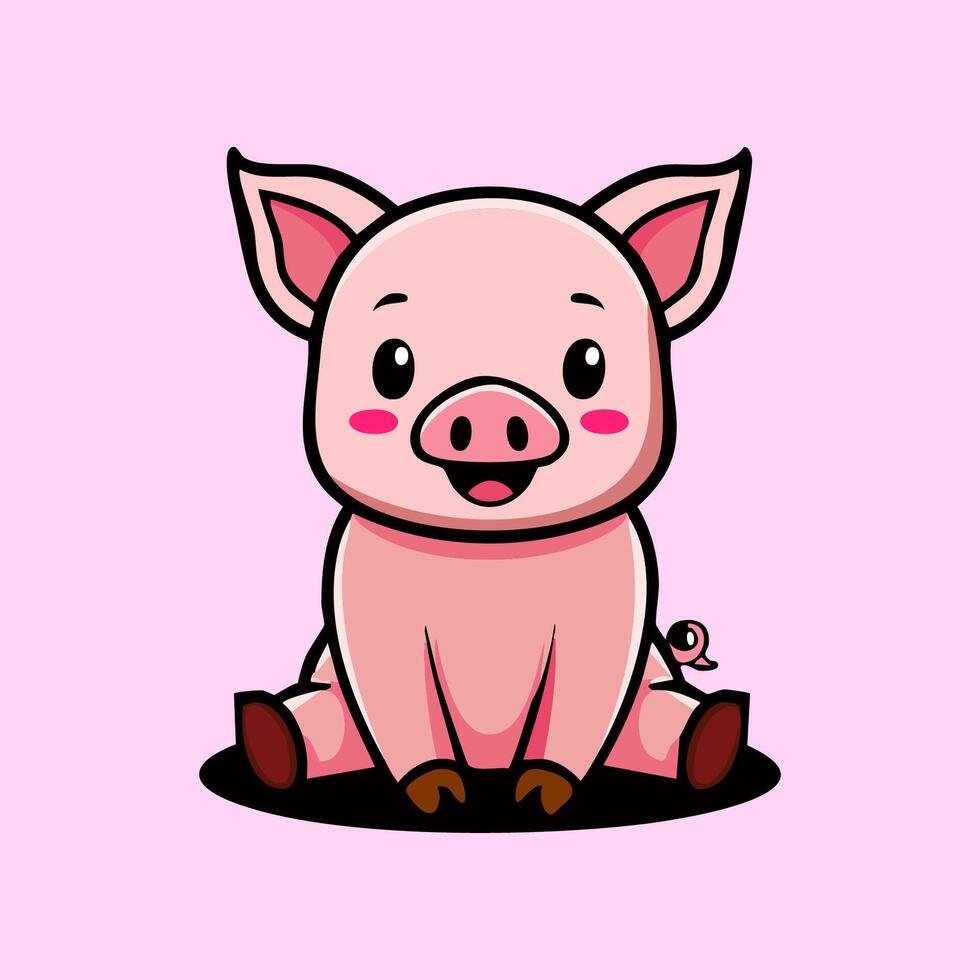 Pig cartoon mascot sitting simple minimalist flat isolated vector