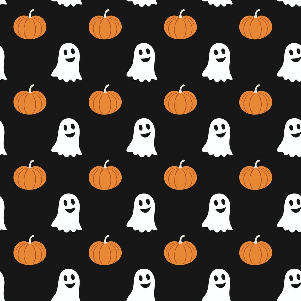 Halloween pattern with pumpkins and ghost illustration on a black background vector