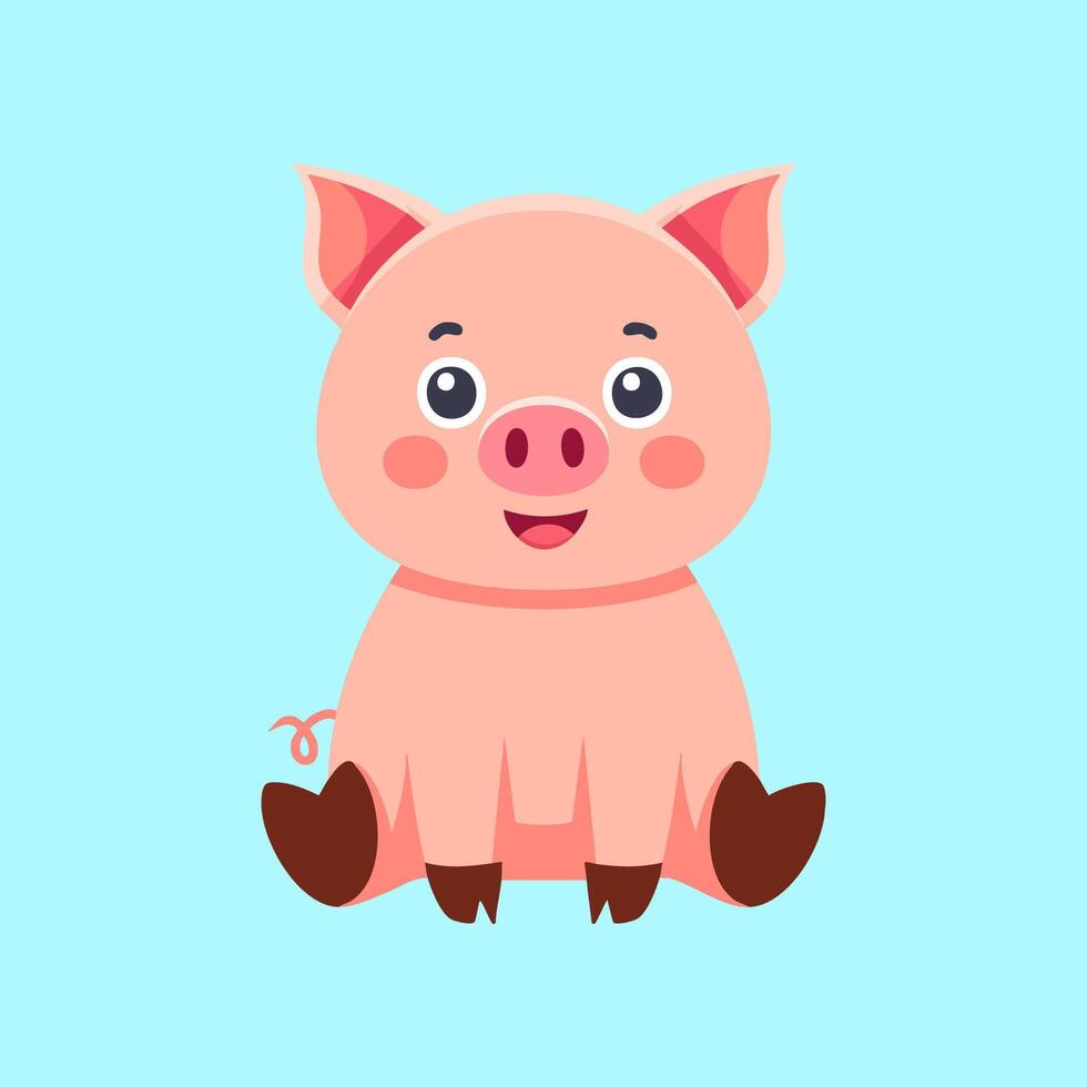 Pig cartoon mascot sitting simple minimalist flat isolated character icon vector