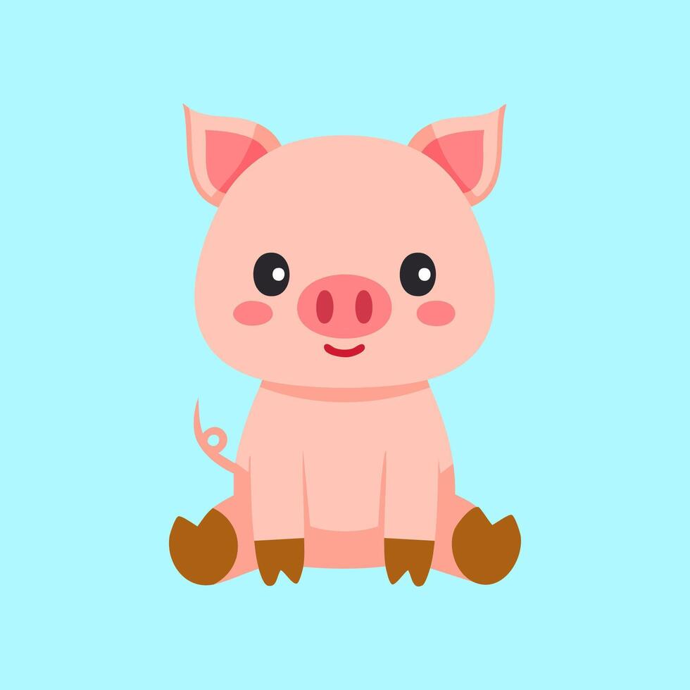 Cute pig cartoon mascot sitting simple minimalist flat design vector